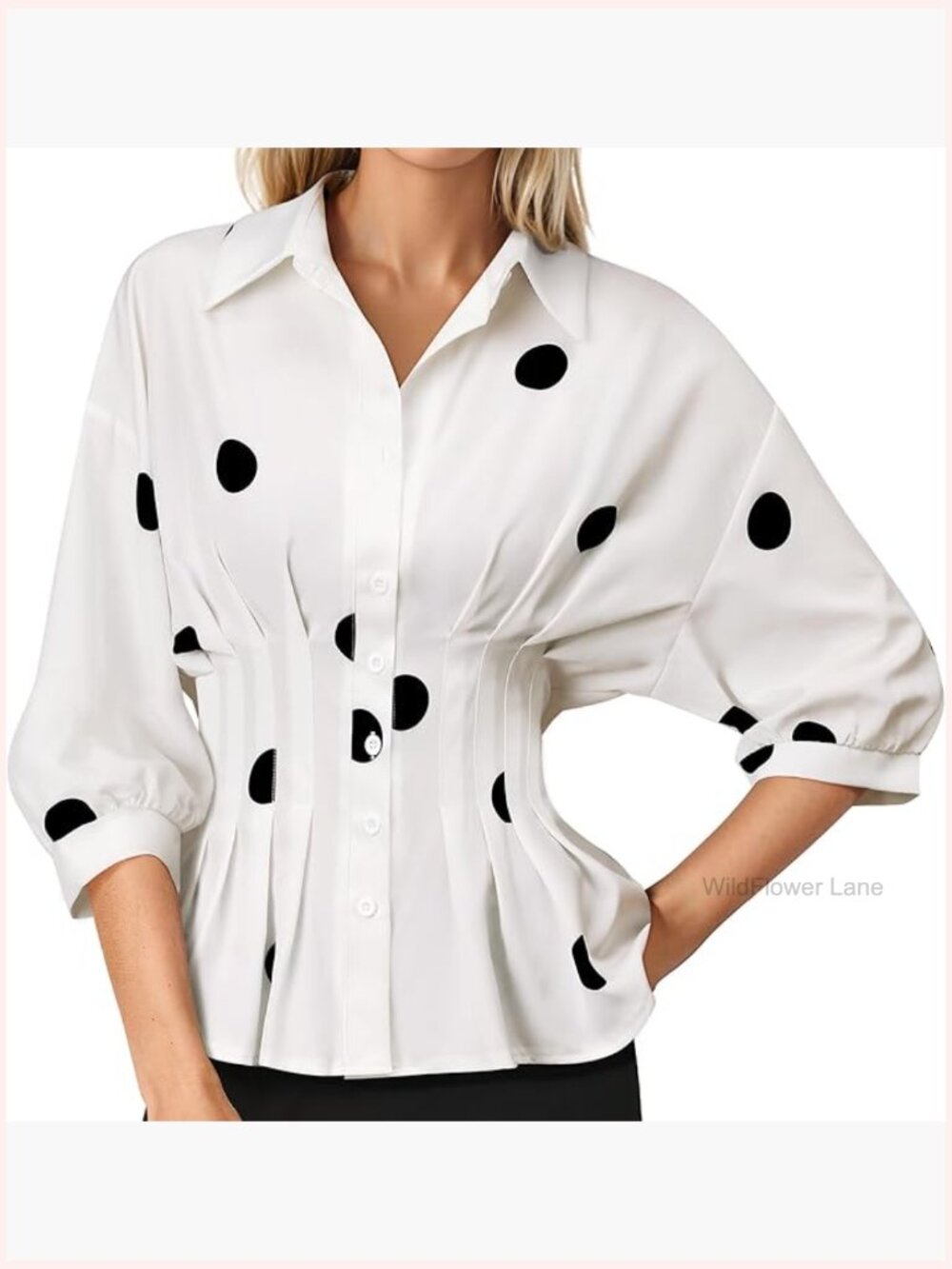 Peplum Blouse with Pleated Waist Button Down 3/4 Sleeve Work Office